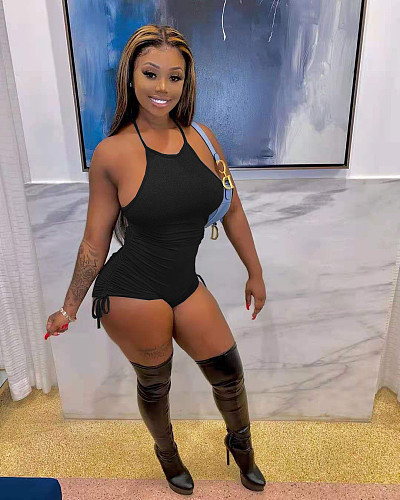 Hot Style Solid Color Drawstring Pleated Bodycon Romper NIYA-8055