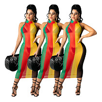 Sexy Mesh Print Color Striped Sleeveless Bodycon Midi Dress DY-6994