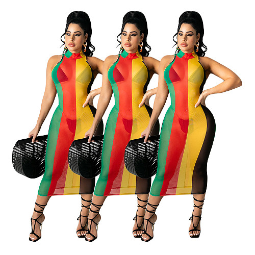 Sexy Mesh Print Color Striped Sleeveless Bodycon Midi Dress DY-6994