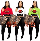 Lips Print Long Sleeve O Neck Top Leggings Pants 2 Piece Suits DM-8145