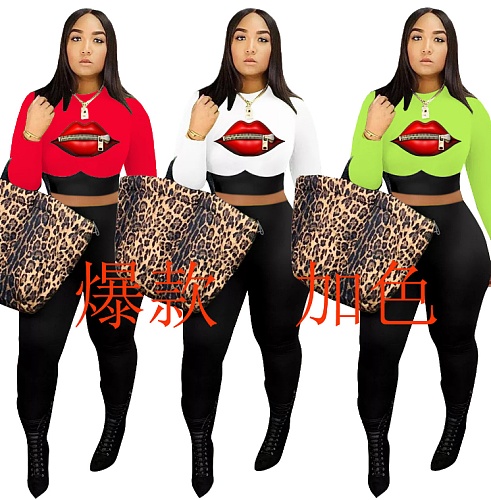 Lips Print Long Sleeve O Neck Top Leggings Pants 2 Piece Suits DM-8145