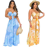 Summer Tie Dye Print Crop Tops High Waist Pants 2 Piece Outfits NK-8599