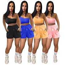 Solid One Shoulder Sleeveless Crop Top Shorts Two Piece Set NM-8358