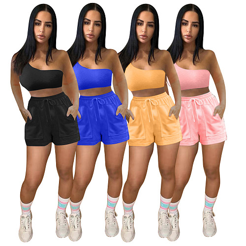 Solid One Shoulder Sleeveless Crop Top Shorts Two Piece Set NM-8358