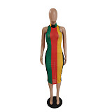 Sexy Mesh Print Color Striped Sleeveless Bodycon Midi Dress DY-6994
