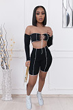 Hot Sales Off Shoulder Long Sleeve Crop Top Biker Shorts 2 Pieces LX-6891