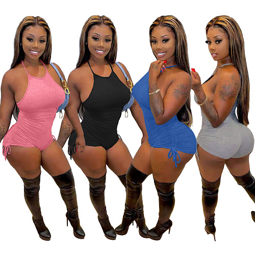Hot Style Solid Color Drawstring Pleated Bodycon Romper NIYA-8055