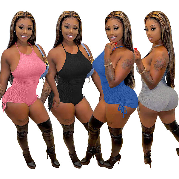 Hot Style Solid Color Drawstring Pleated Bodycon Romper NIYA-8055