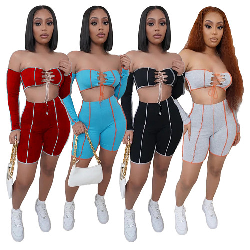 Hot Sales Off Shoulder Long Sleeve Crop Top Biker Shorts 2 Pieces LX-6891
