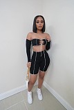 Hot Sales Off Shoulder Long Sleeve Crop Top Biker Shorts 2 Pieces LX-6891