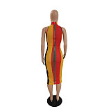 Sexy Mesh Print Color Striped Sleeveless Bodycon Midi Dress DY-6994