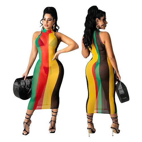 Sexy Mesh Print Color Striped Sleeveless Bodycon Midi Dress DY-6994
