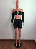 Hot Sales Off Shoulder Long Sleeve Crop Top Biker Shorts 2 Pieces LX-6891