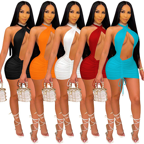 Sexy Solid Color Cut Out Sleeveless Drawstring Bodycon Dress MA-425