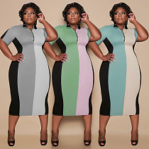 Fashion Spliced Color Short-sleeved Turn-down Collar Midi Dress LP-6287