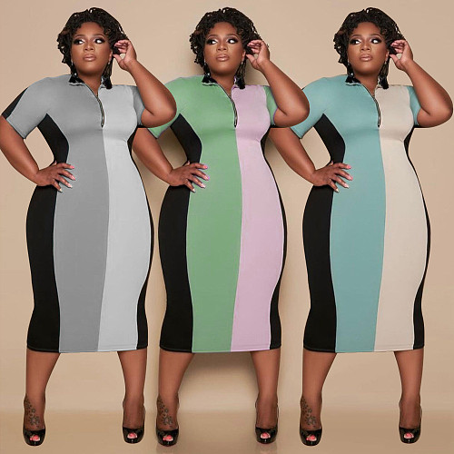 Fashion Spliced Color Short-sleeved Turn-down Collar Midi Dress LP-6287