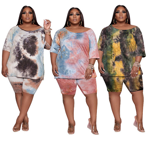 Tie-dye Summer Short Sleeve T-shirt Shorts Women 2 Piece Set BER-8065