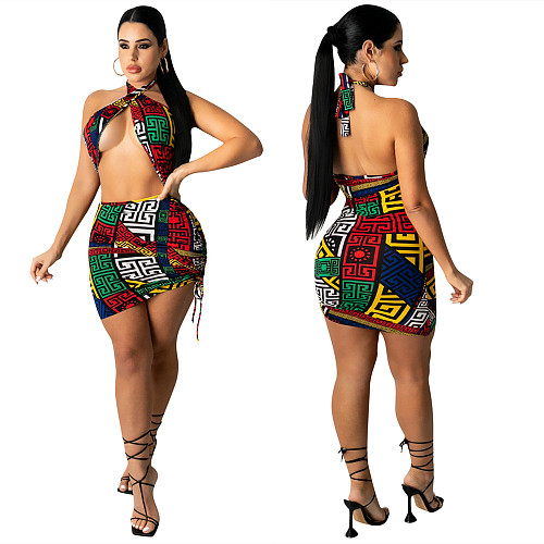 Sexy Sleeveless Cross Halter Vintage Print Bodycon Mini Dress LSL-6432