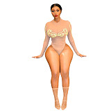 High Stretch Mesh See-through Embroidery One Piece Swimsuit BN-9275