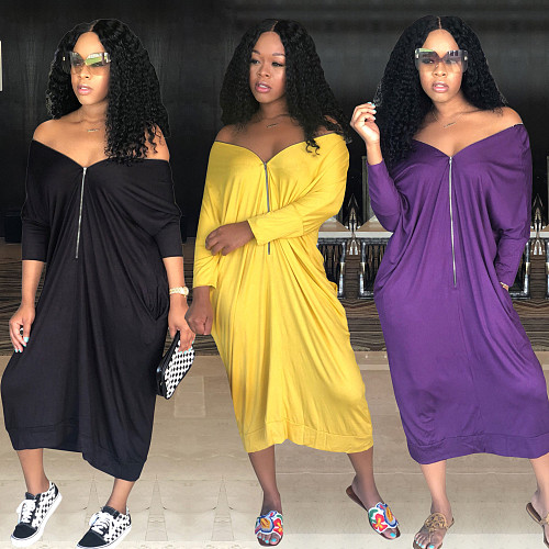 Sexy Solid Color Off Shoulder Long Sleeve Zipper Loose Dress WA-7178