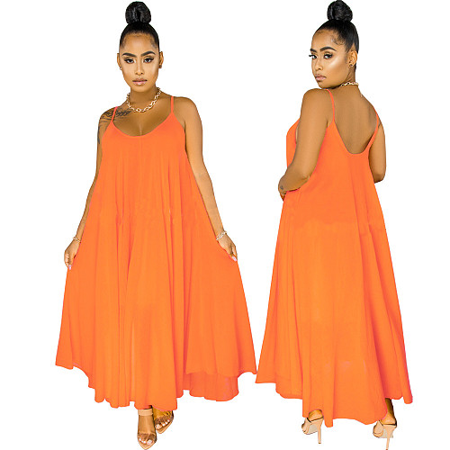 Summer Womens Solid Color Low Neck Long Loose Halter Dresses LS-0346