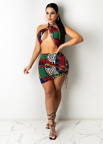 Sexy Sleeveless Cross Halter Vintage Print Bodycon Mini Dress LSL-6432