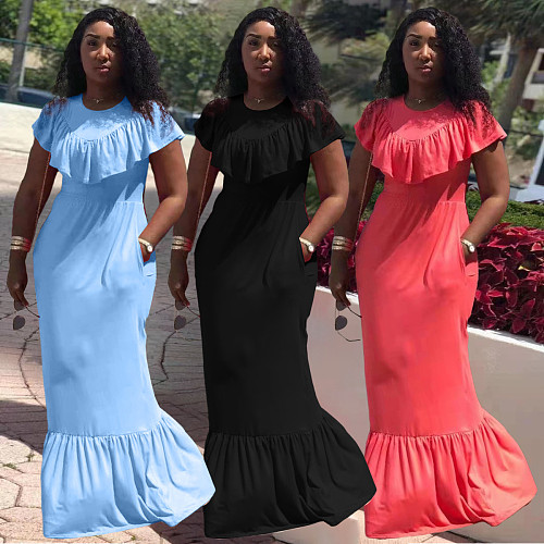 Women Casual Solid Colors Beach Short Sleeve Fishtail Dress WA-7179