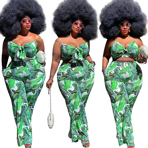 Sexy Women Crop Top Wide Loose Legs Pants Print 2 Pieces Set HEJ-6060