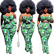 Sexy Women Crop Top Wide Loose Legs Pants Print 2 Pieces Set HEJ-6060
