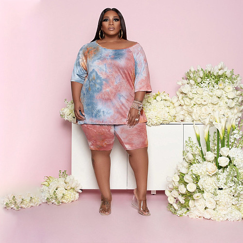 Tie-dye Summer Short Sleeve T-shirt Shorts Women 2 Piece Set BER-8065