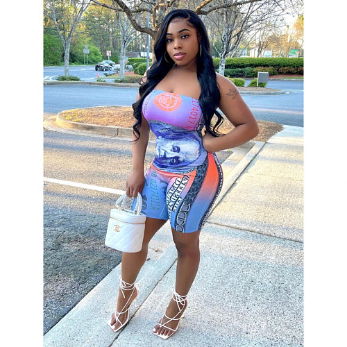 Dollar Print Women Sleeveless High Stretchy Bodycon Romper OY-6278