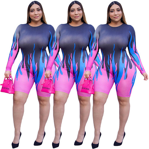 Plus Size Women Print Long Sleeve Fitness Bodycon Rompers JH-239