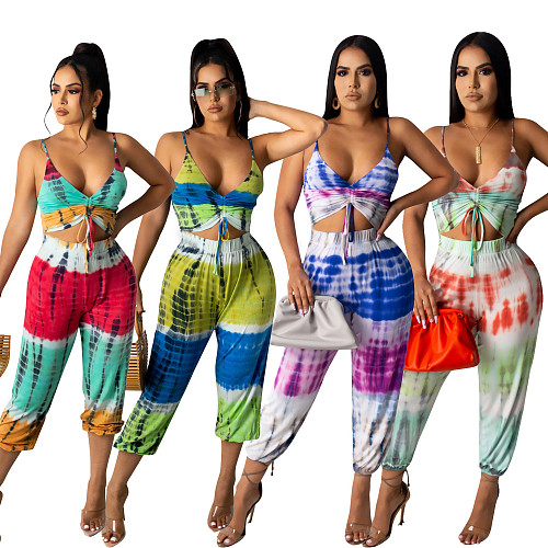 Sexy Womens Halter Printed Crop Top Long Pants 2 Piece Suits SHD-9512