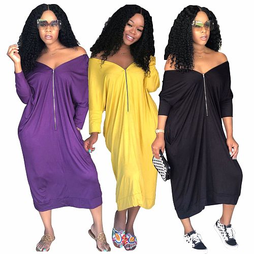 Sexy Solid Color Off Shoulder Long Sleeve Zipper Loose Dress WA-7178