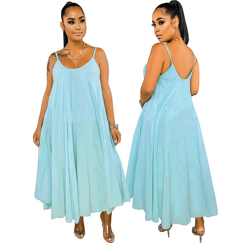 Summer Womens Solid Color Low Neck Long Loose Halter Dresses LS-0346