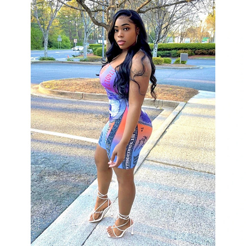 Dollar Print Women Sleeveless High Stretchy Bodycon Romper OY-6278