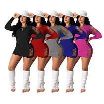 Hot Style Solid Color Long Sleeve Round Neck Ripped Mini Dress DD-8096