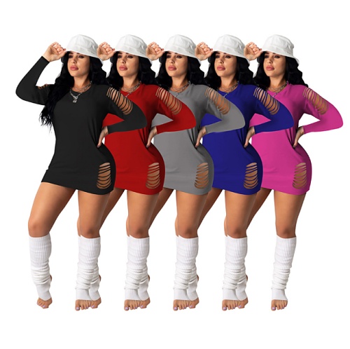 Hot Style Solid Color Long Sleeve Round Neck Ripped Mini Dress DD-8096
