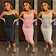 Women Low Cut Sleeveless Solid Color Spaghetti Strap Midi Dress GLS-7018
