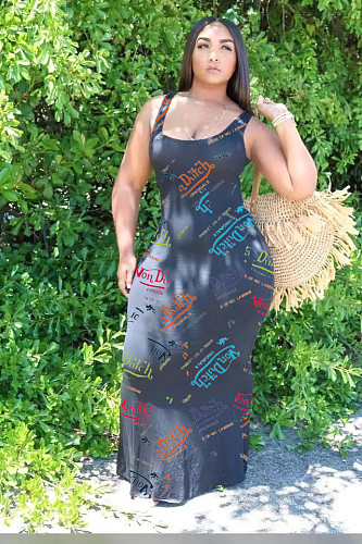New Fashion Women Letter Print Sleeveless Round Neck Long Dress XY-9095