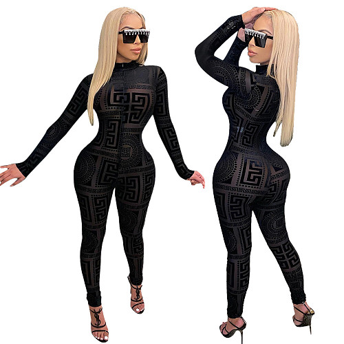 Sexy Long Sleeve See-through Zipper High Neck Bodycon Jumpsuit SFY-213