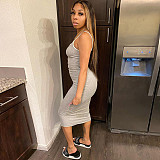 Women Low Cut Sleeveless Solid Color Spaghetti Strap Midi Dress GLS-7018