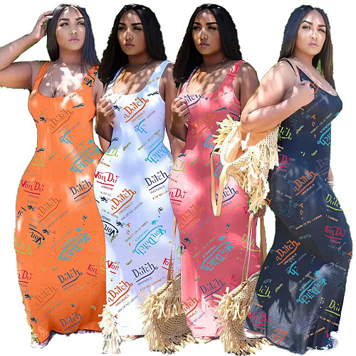 New Fashion Women Letter Print Sleeveless Round Neck Long Dress XY-9095