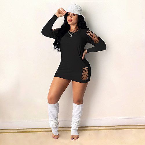 Hot Style Solid Color Long Sleeve Round Neck Ripped Mini Dress DD-8096
