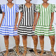 Striped Print V-neck Short Sleeves Flounces Loose Midi Dress WA-7169