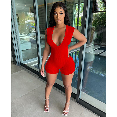 2021 New Solid Color Sexy Deep V-Neck Sleeveless Bodycon Romper CN-0115
