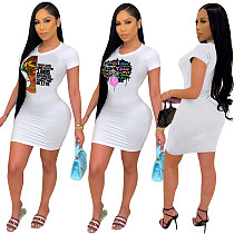 Women Pattern Print Short Sleeve Round Neck Skinny Mini Dress SH-390104