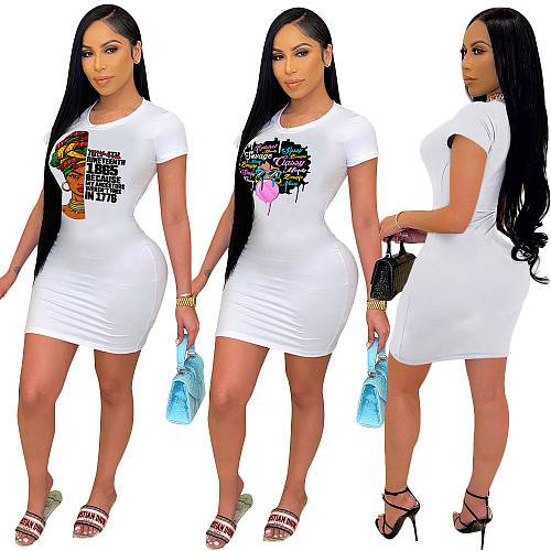 Women Pattern Print Short Sleeve Round Neck Skinny Mini Dress SH-390104