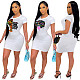Women Pattern Print Short Sleeve Round Neck Skinny Mini Dress SH-390104