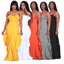 Elegant Solid-color Sleeveless Falbala Spaghetti Straps Dress CN-0112